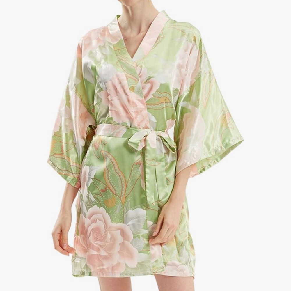 Bridal Party, Light Green and Pink Floral Kimono/ Robe, Polyester